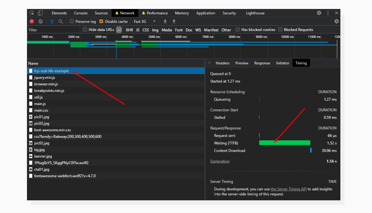 Chrome DevTools Network tab that demonstrates Time to First Byte