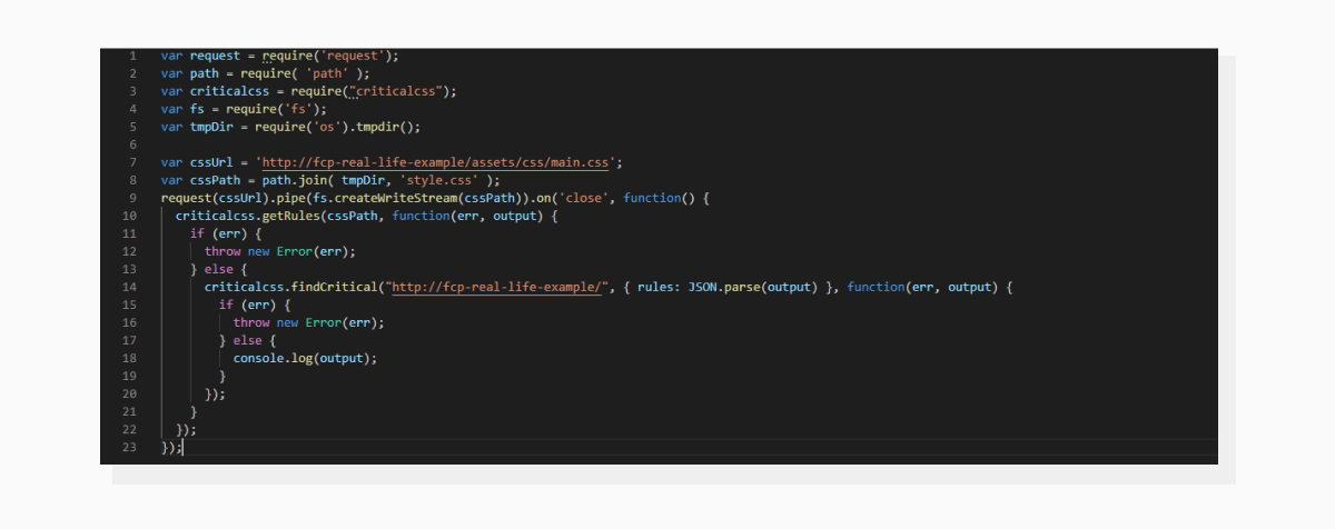 A screenshot showing the code used to create Critical CSS