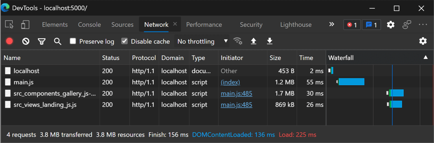 DevTools network log with 3.8 MB of transferred data with lazy loading & code splitting