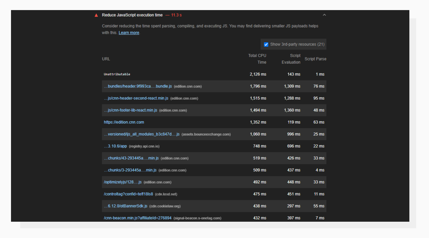 Reduce Javascript Execution Time tab in Lighthouse